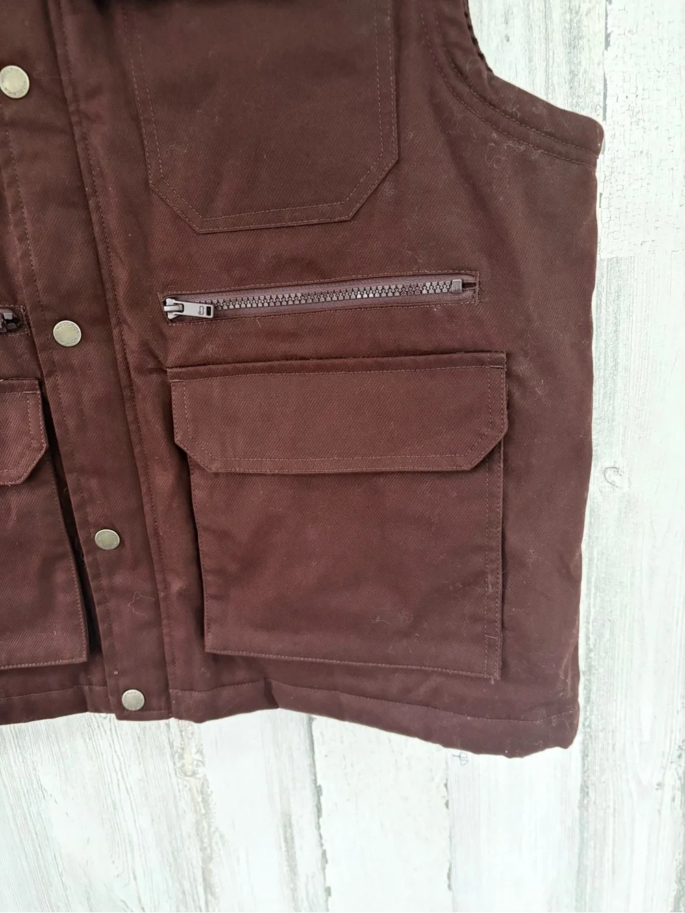 Woolrich Men’s Size Small Full Zip Lined Vest In Brown Multi Pockets NWT